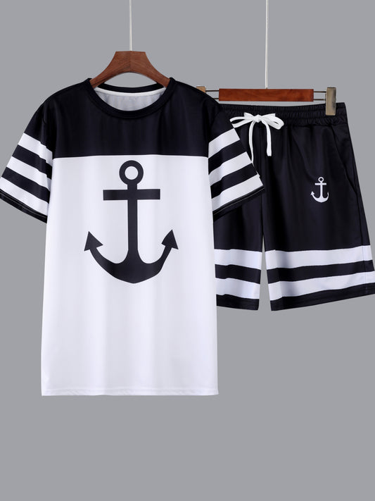 2-piece Men's Anchor And Stripe Pattern Outfit Set, Men's Color Block Short Sleeve Crew Neck T-shirt & Drawstring Shorts Set For Summer Outdoor