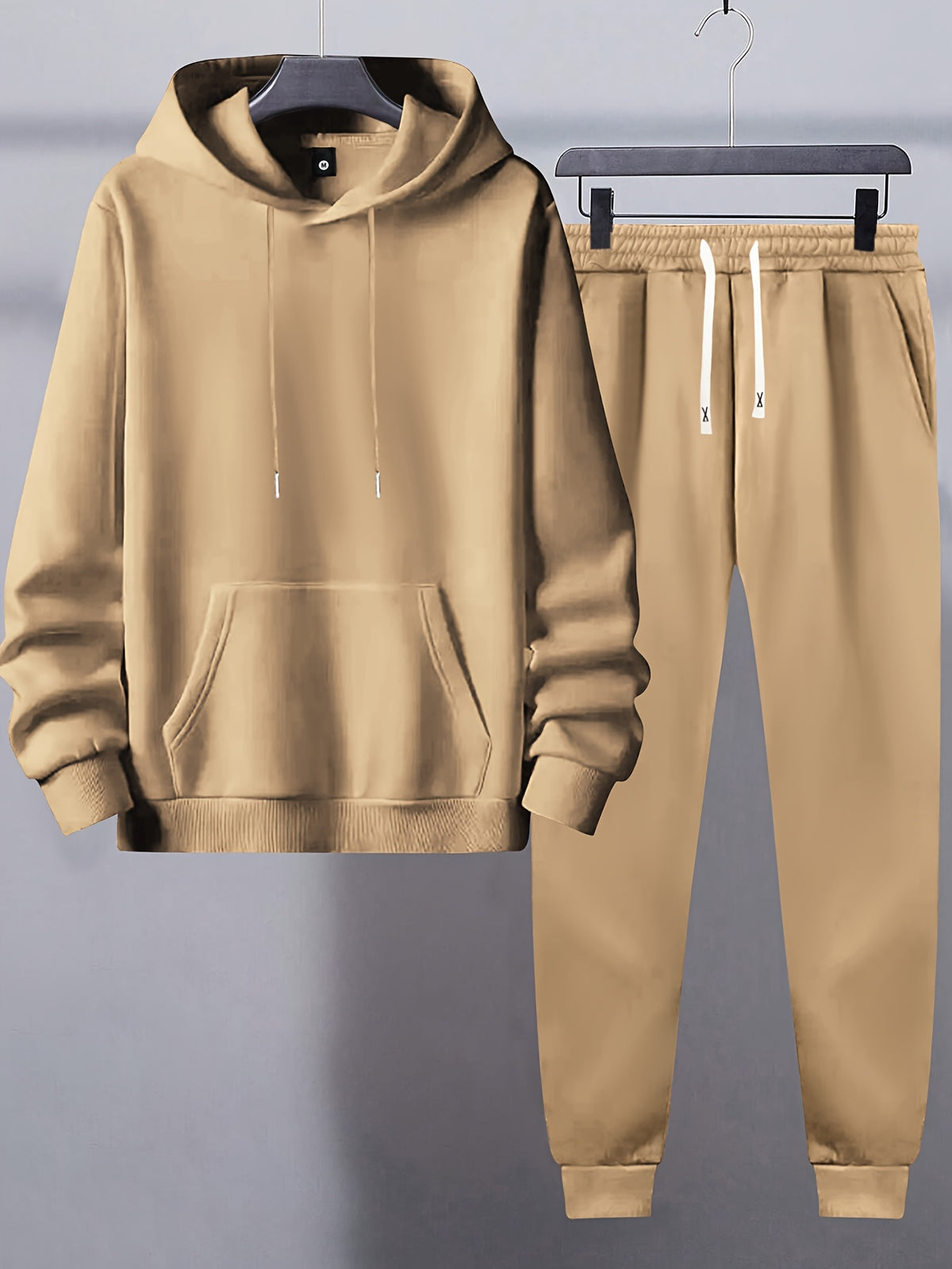 Men's Basic Polyester Sweatsuit Set - Solid Color Hooded Sweatshirt and Drawstring Joggers with Pockets - Long Sleeve, Knit Fabric, Slight Stretch, Regular Fit - Casual Sportswear for Spring/Fall