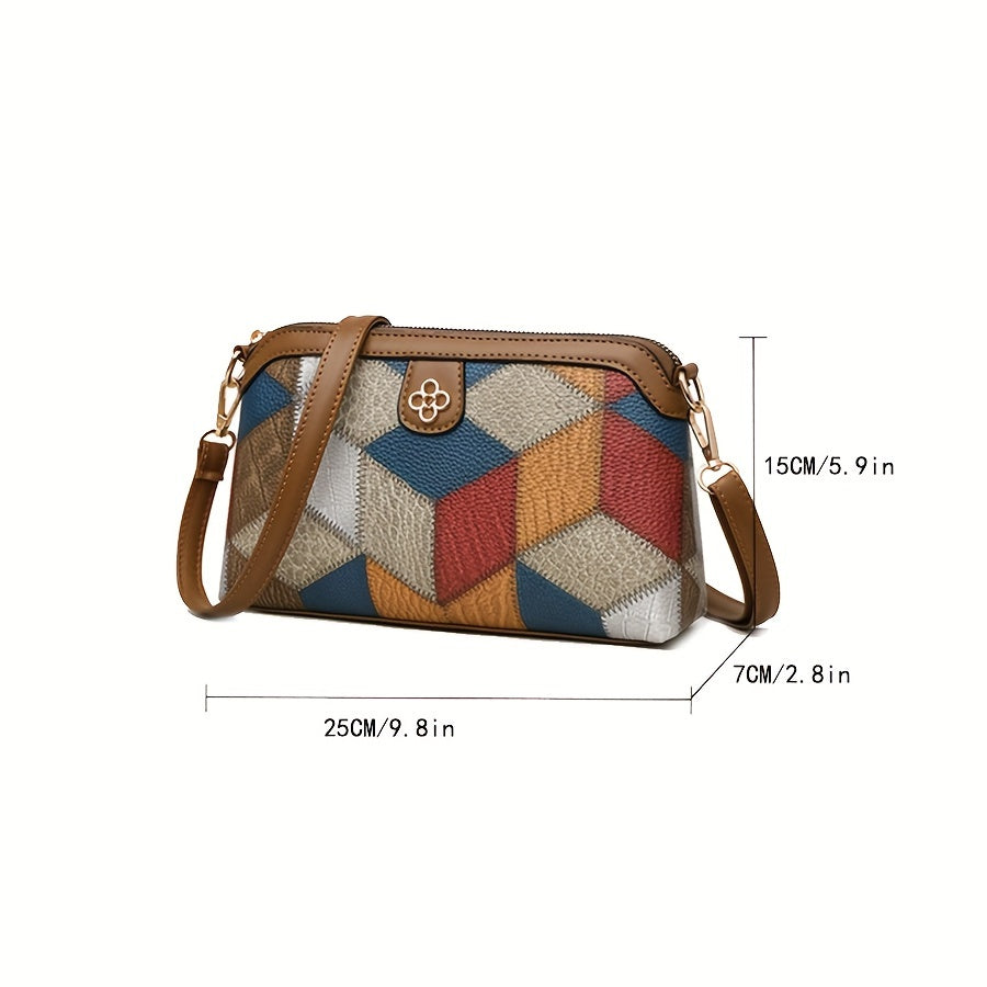 Compact, Chic Geometric Patchwork Crossbody Bag for Women - Casual Fashion Shoulder Purse with Detachable Strap, Zip Closure, Polyester Lined - Light Grey/Blue