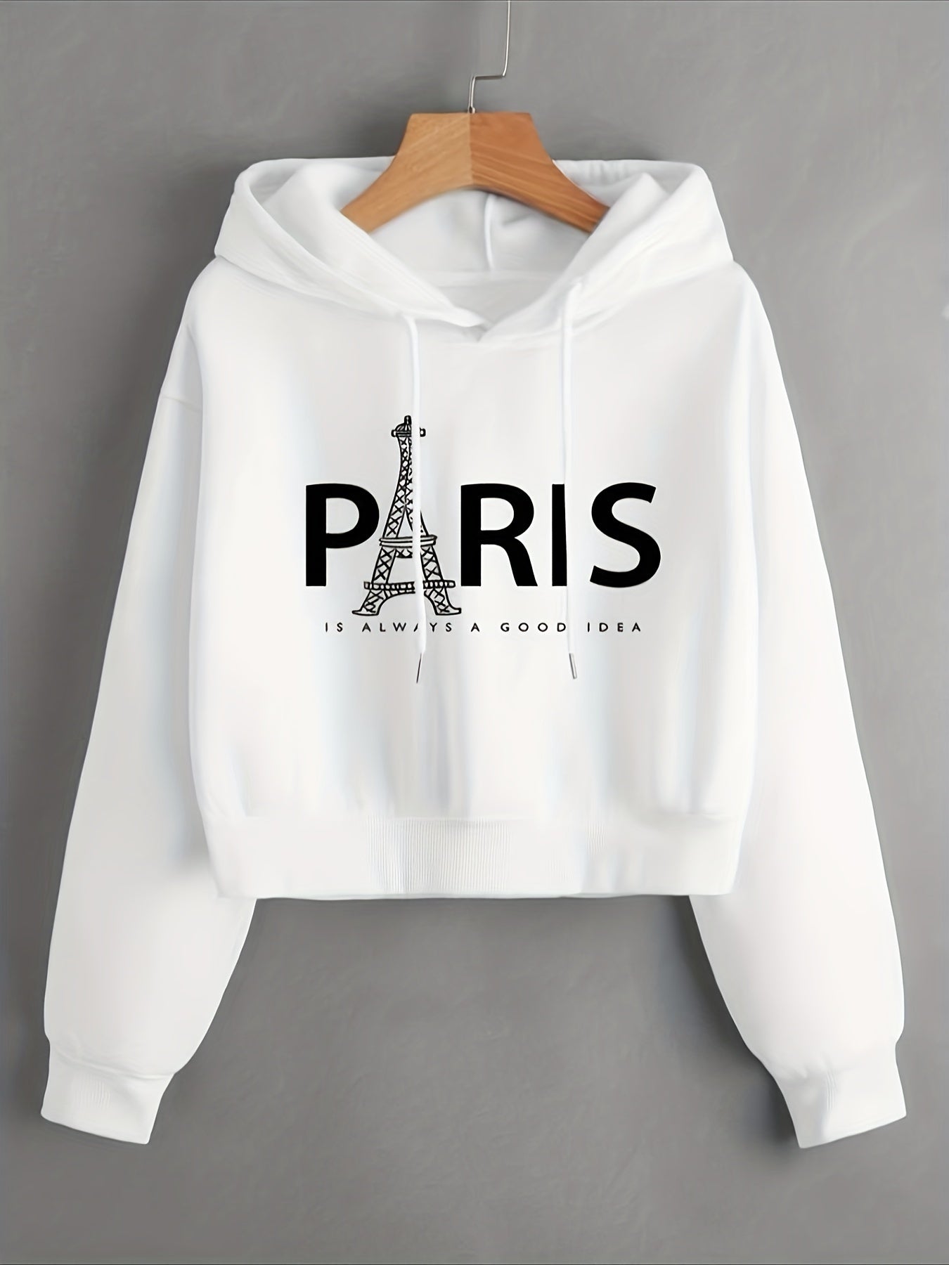 Eiffel Tower & Slogan Graphic Drop Shoulder Drawstring Thermal Lined Hoodie, Women's Long Sleeve Sports Hoodie