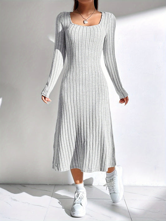 Ribbed Long Sleeve A-line Dress, Elegant Solid Color Square Neck Knitted Dress, Women's Clothing