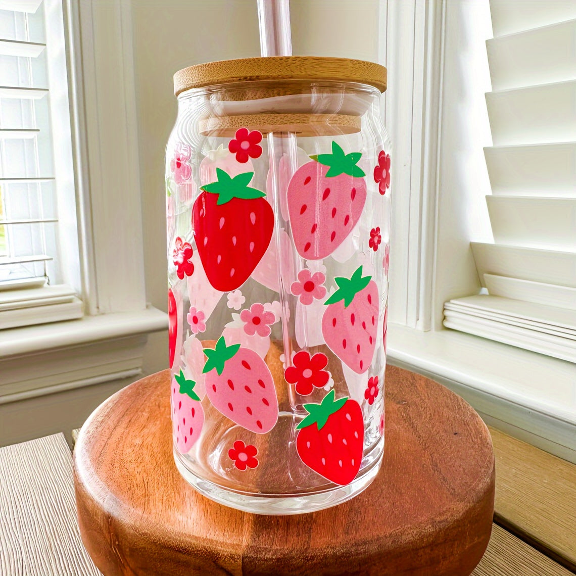 Strawberry Floral 16oz Glass Tumbler with Lid & Straw - BPA-Free, Reusable Can-Shaped Cup for Iced Coffee, Tea, Juice, Milk - Perfect Birthday Gift