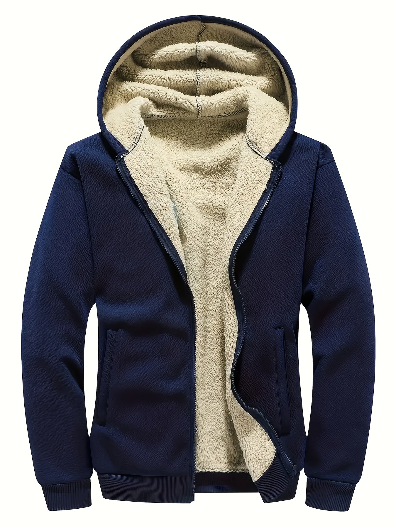 Preppy Style Men's Casual Zip-Up Fleece-Lined Hoodie - 100% Polyester Solid Color Jacket with Long Sleeves, Slight Stretch Fabric, Regular Fit Hooded Sweatshirt for Spring/Fall, Hiking & Outdoor Activities