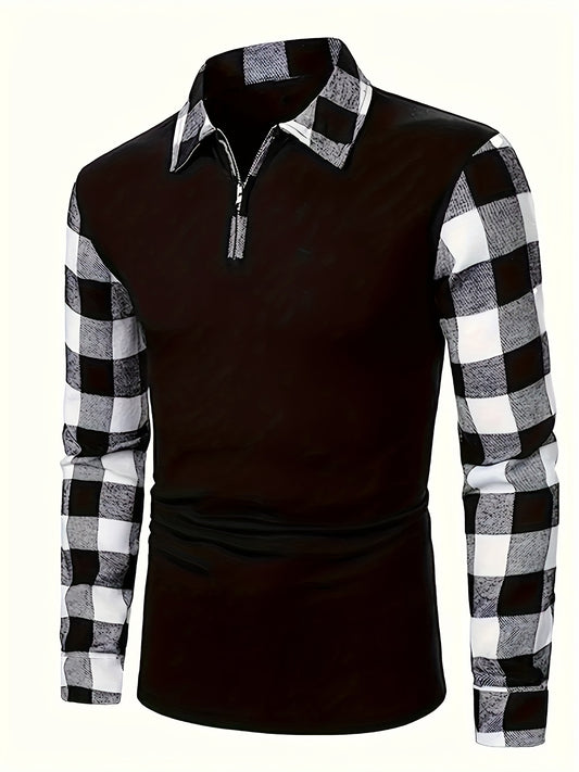 Men's Casual Retro Plaid Lapel 1/4 Zipper Long Sleeve Shirt For Business