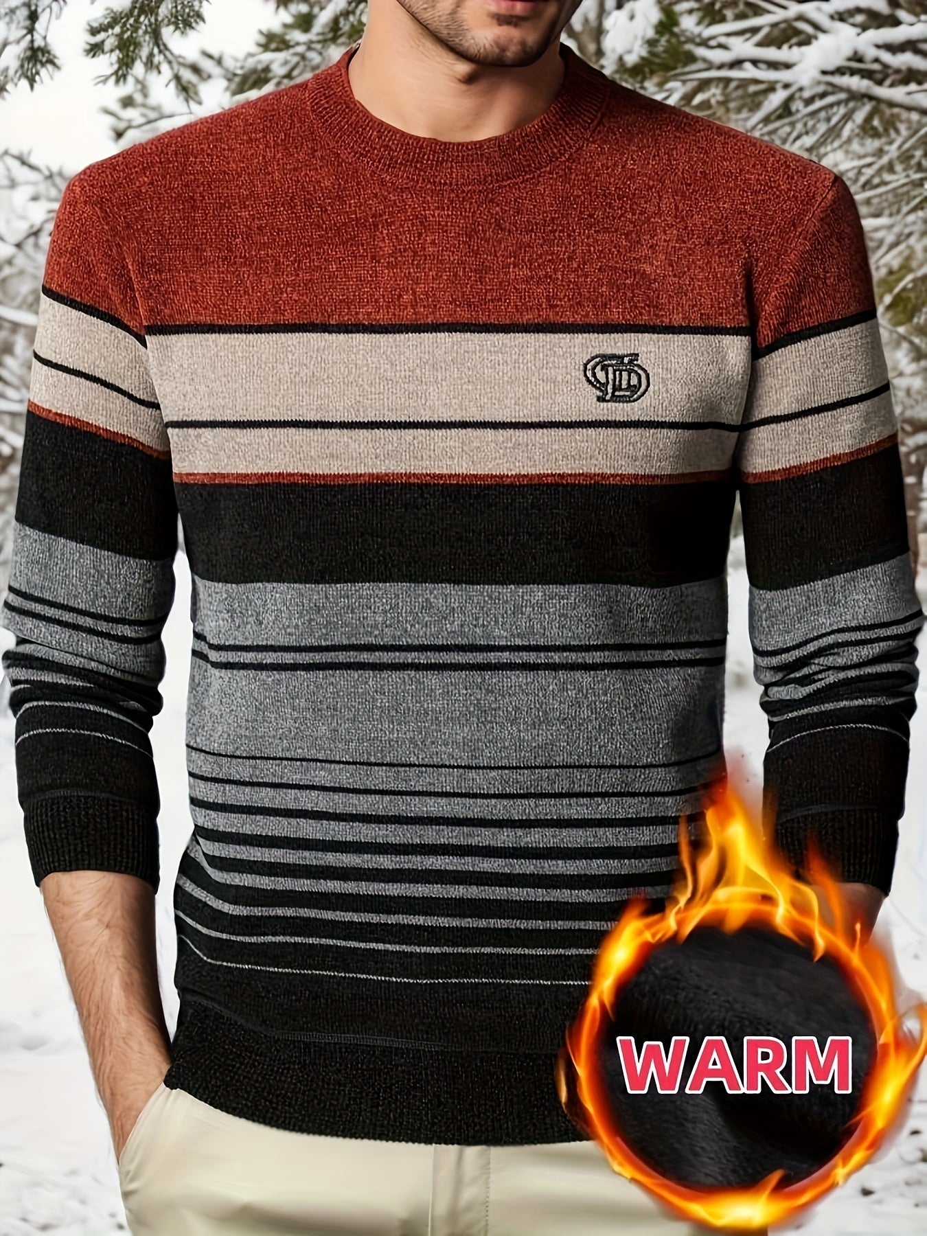 Men's Stylish Striped Sweater with Embroidered Lettering - Cozy Fleece-Lined, Color Block Design for Winter Warmth & Casual Outdoor Wear