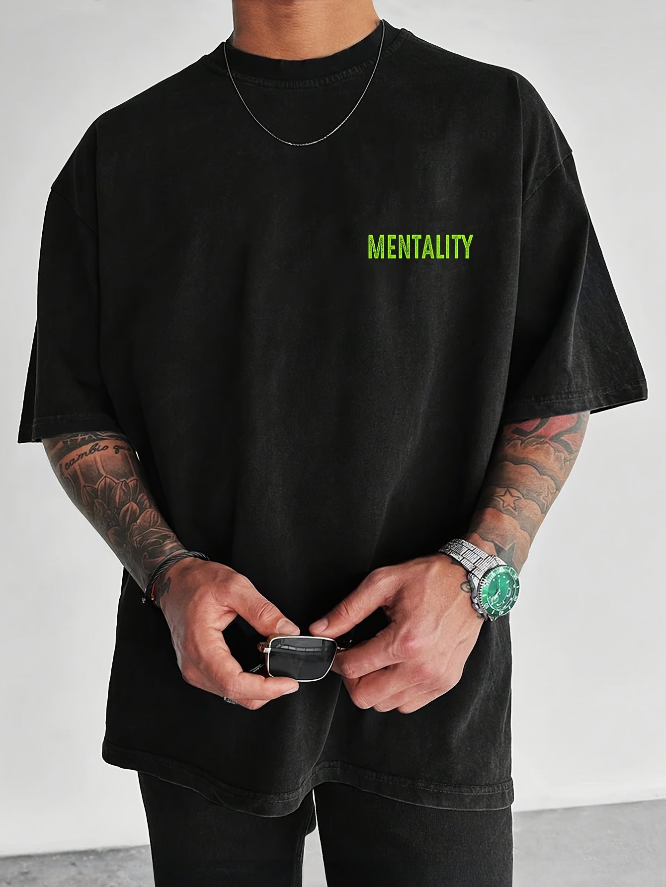 Men's Fashionable Casual "MENTALITY" Print Round Neck T-Shirt, Summer Trendy Short Sleeve Top