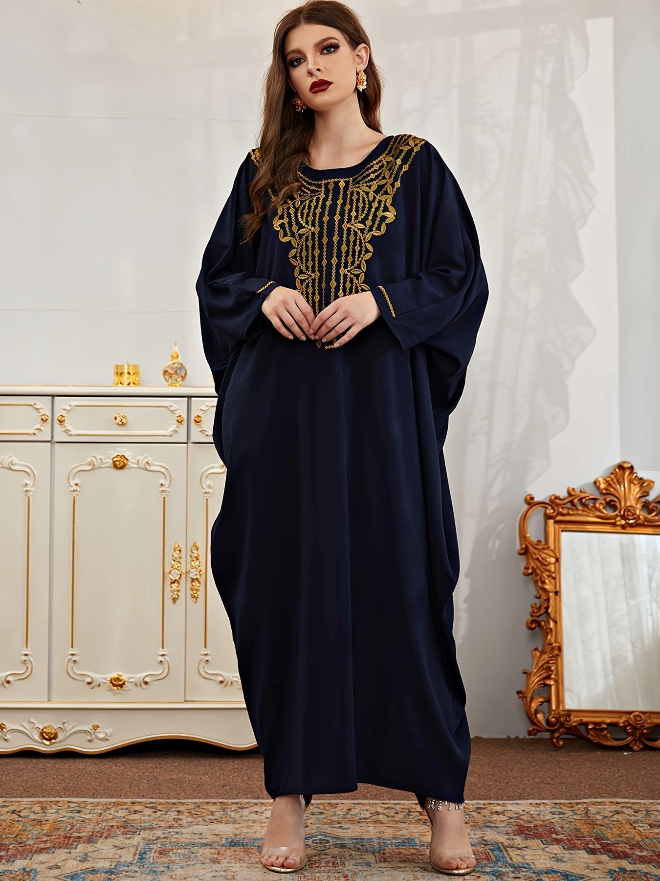 Plus Size Geometric Pattern Kaftan Dress, Elegant Crew Neck Long Sleeve Dress, Women's Plus Size Clothing