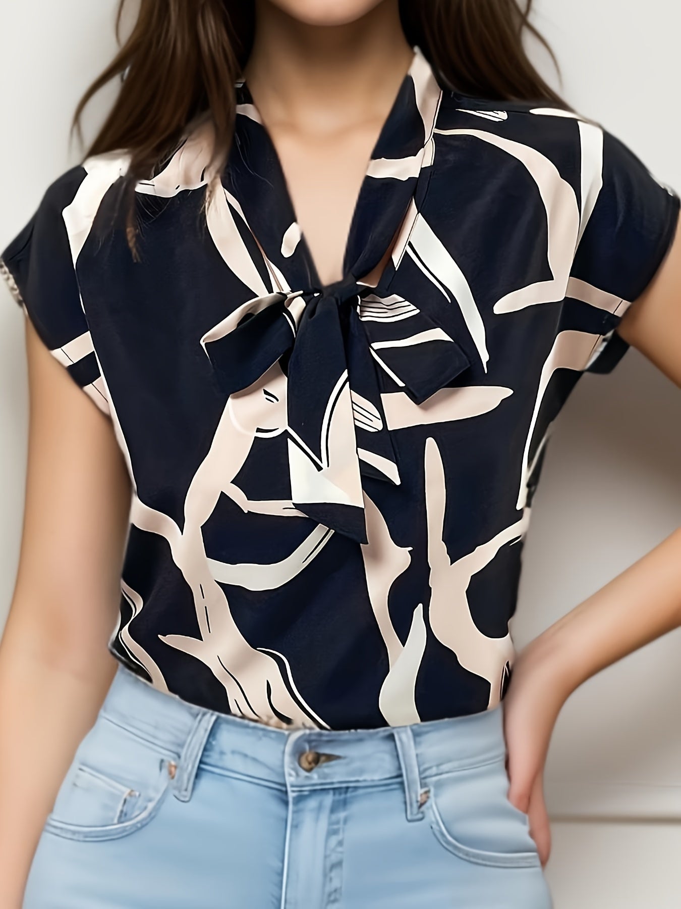 Abstract Print Tie-neck Top, Casual Short Sleeve Top For Spring & Summer, Women's Clothing