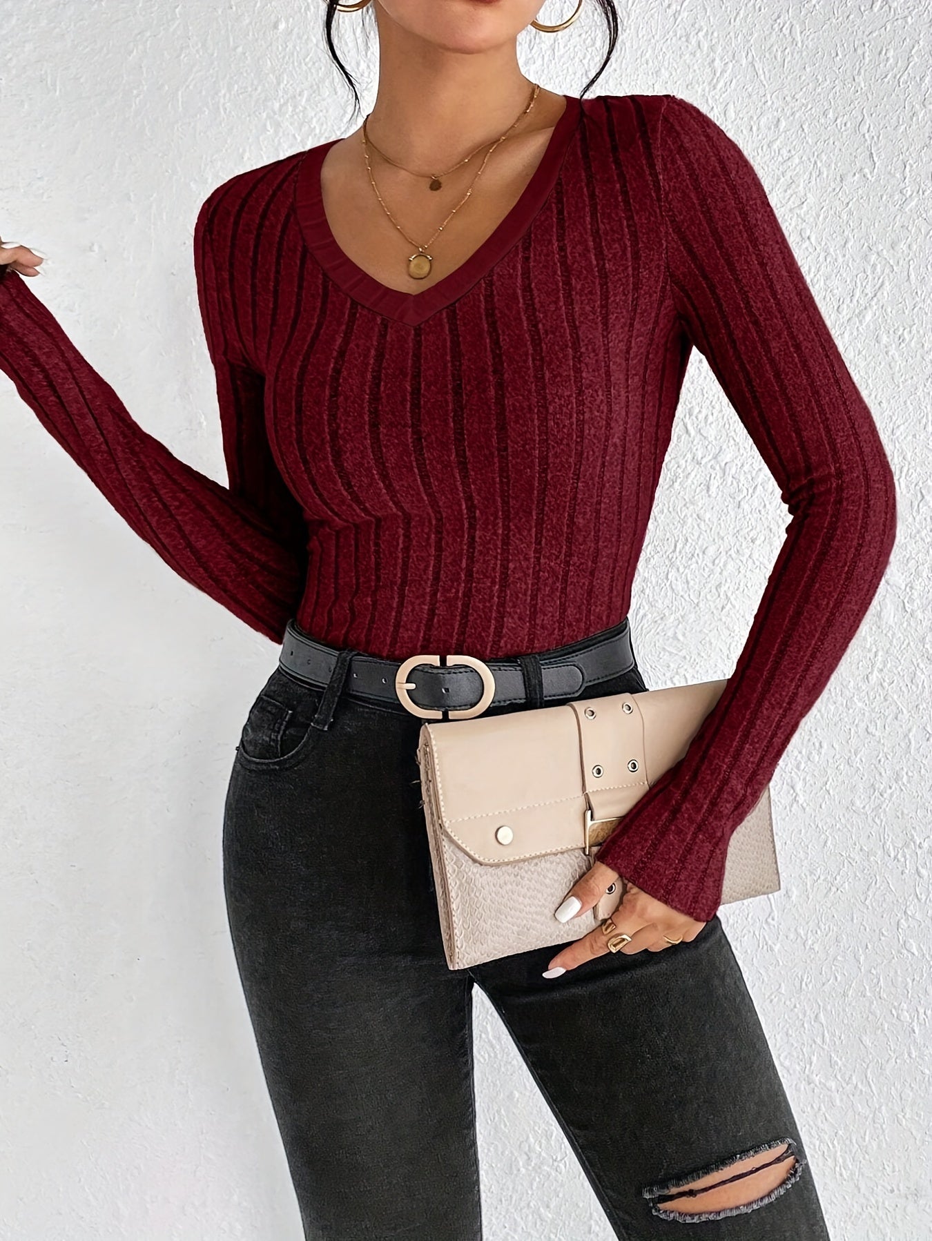 V Neck Slim Ribbed T-Shirt, Elegant Solid Long Sleeve Top For Spring & Fall, Women's Clothing