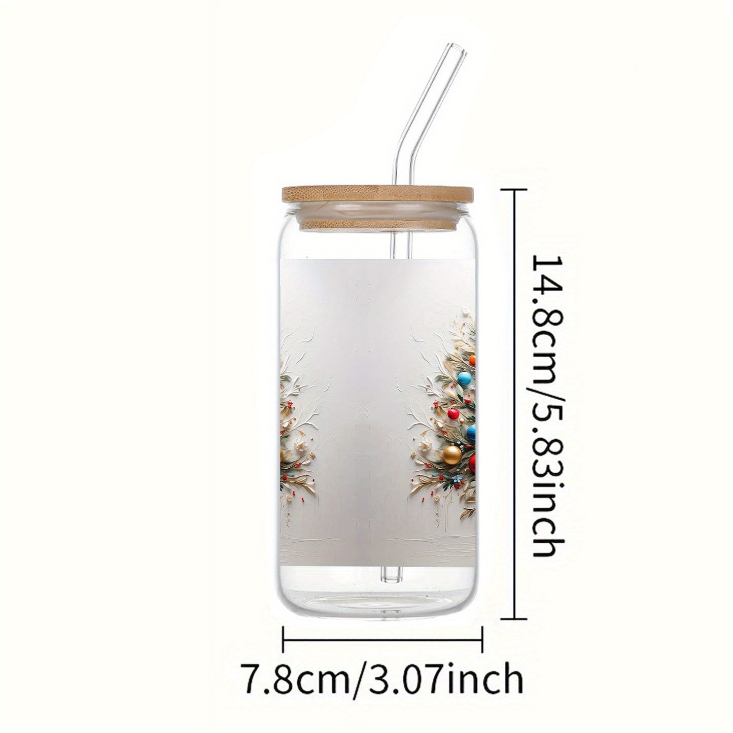 16oz Festive Glass Tumbler with Lid & Straw - UV Printed Tree & Flowers Design, Perfect for Christmas & Holiday Gifts, Ideal for Iced Coffee & Soda