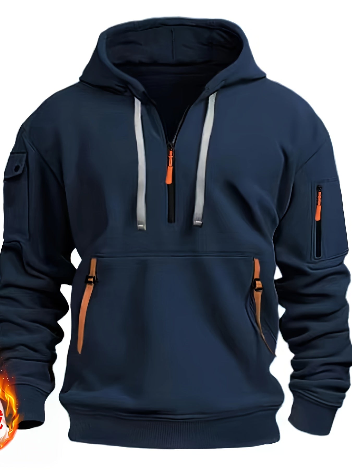 Men's Casual Fleece-Lined Hoodie with Multiple Zipper Pockets - V-Neck Pullover for Fall & Winter, Plus Size Available