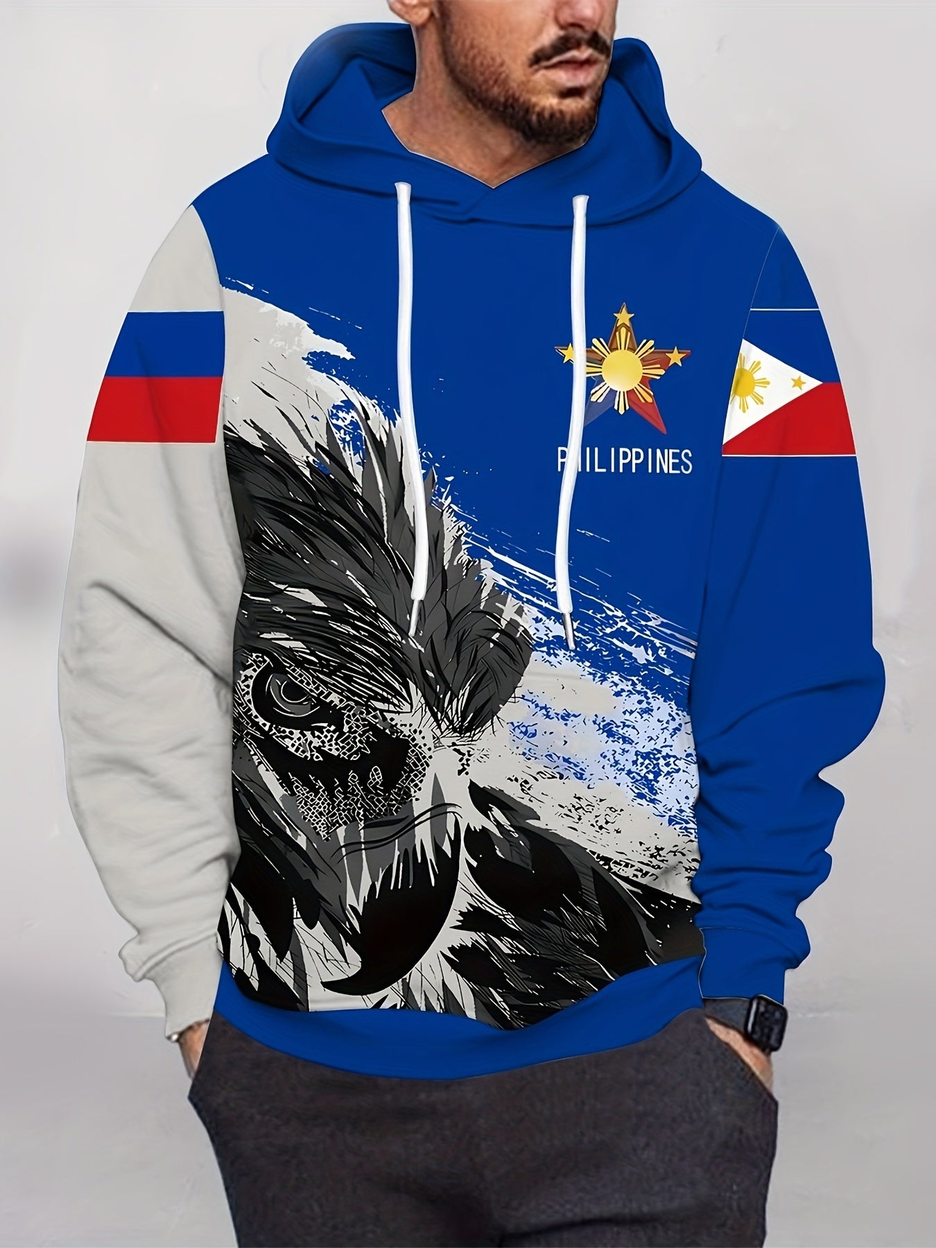 Philippines Flag Design Hoodie for Men – 3D Eagle Print Sports Hooded Sweatshirt with Pocket – Polyester & Spandex Blend Knit Fabric – Regular Fit with Slight Stretch – Sporty Style Pullover with Hood