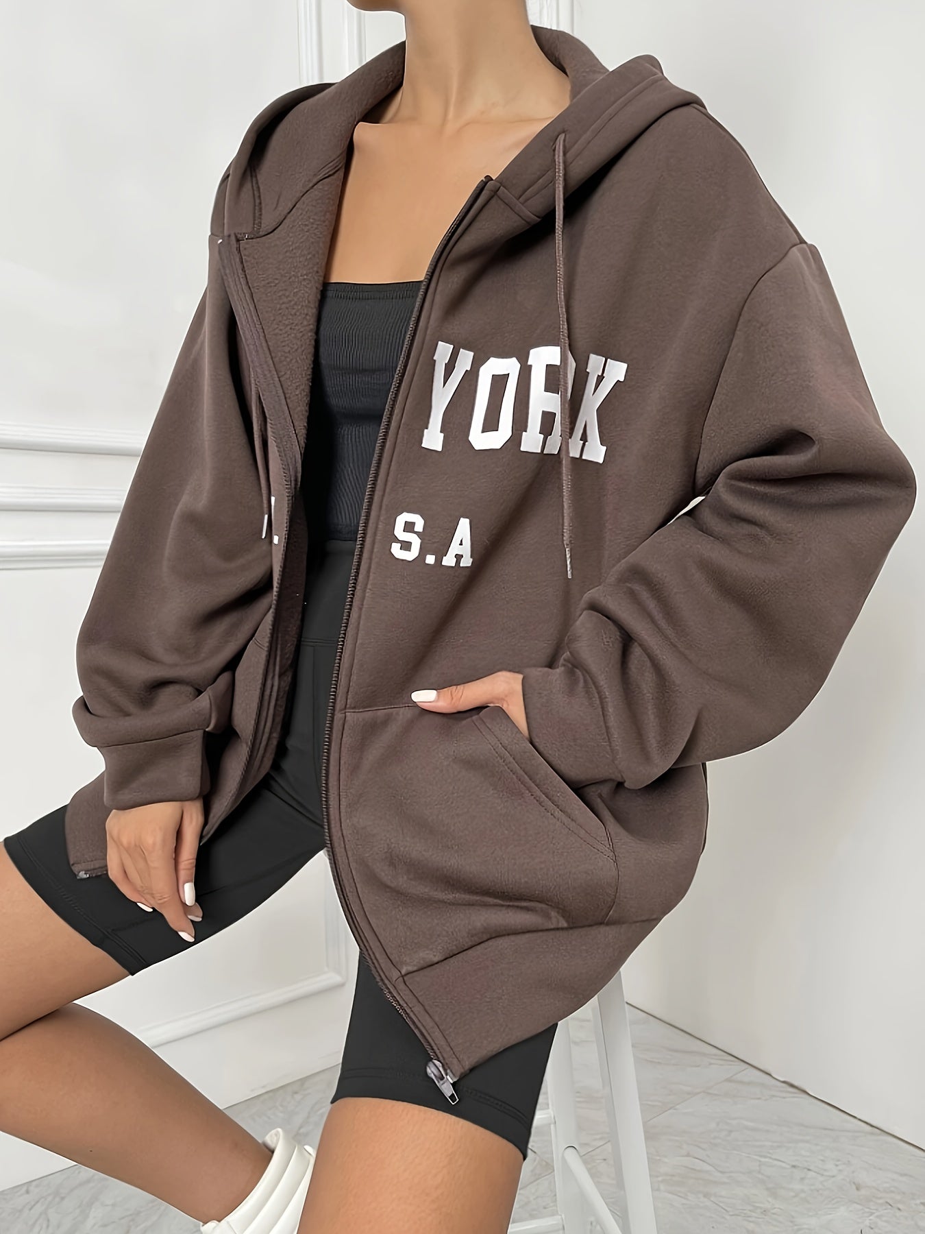 Letter Print Hoodie With Pocket, Casual Zip Up Long Sleeve Drawstring Hooded Jacket, Women's Clothing