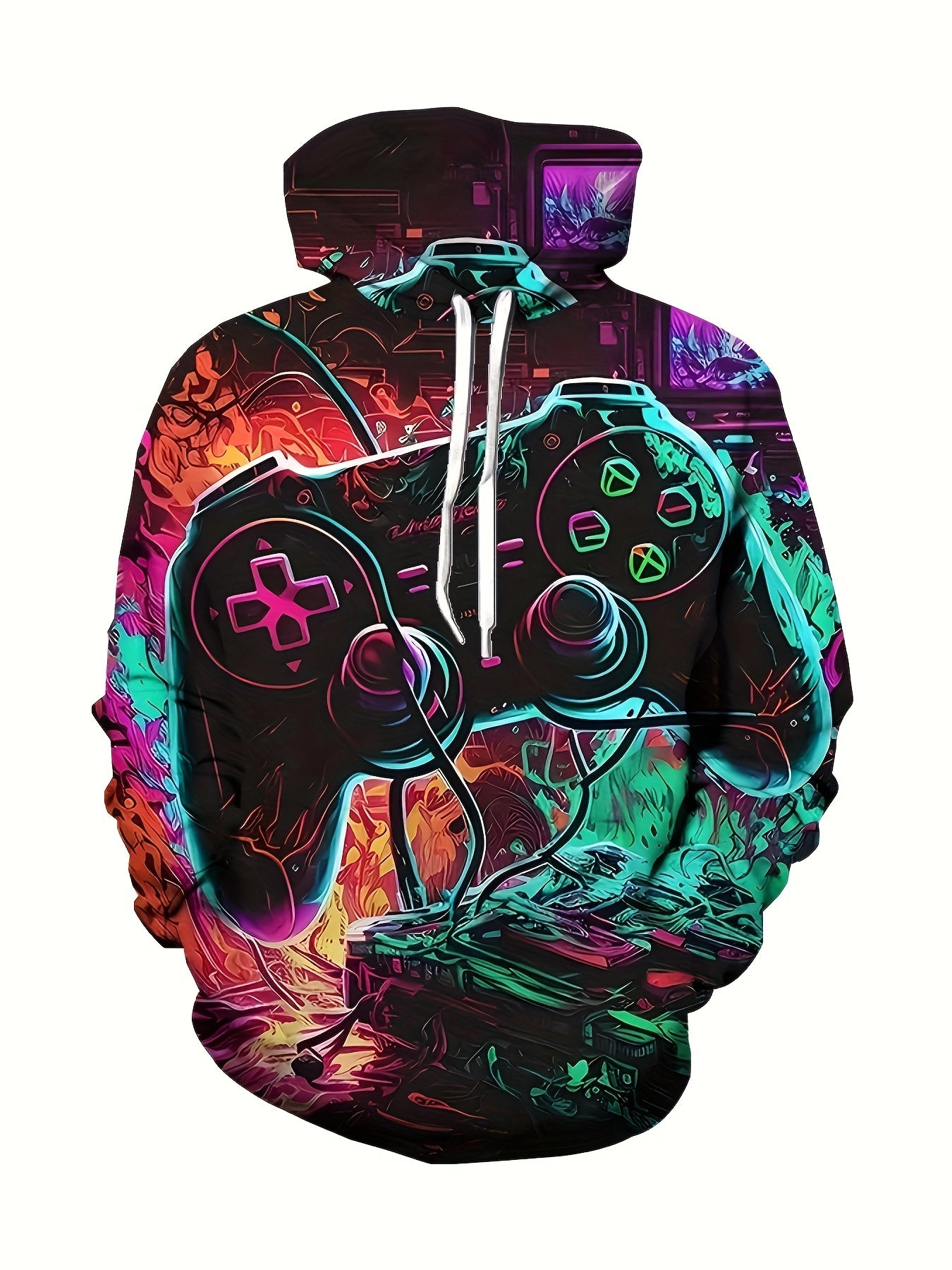 Cyberpunk Style Gamepad Digital Print Men's Street Hooded Sweatshirt With Drawstring And Pocket, Fall Winter Hoodie, As Gifts