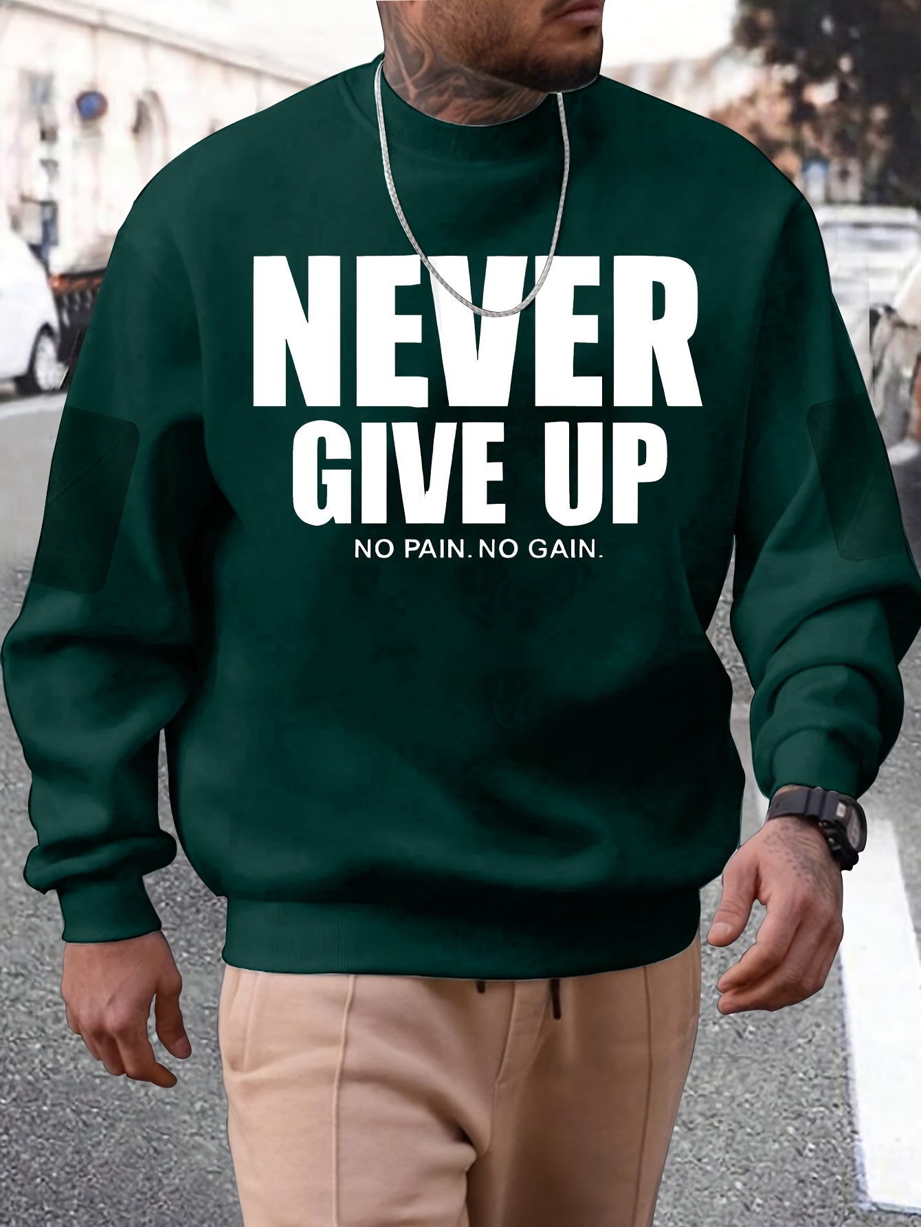 Stylish Men's Cotton Blend Sweatshirt with English Letter Print - Casual Round Neck Pullover, Machine Washable