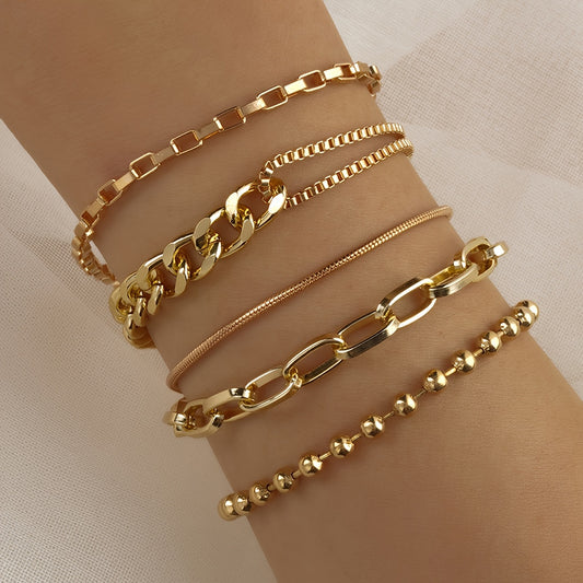 5pcs Elegant Cuban Chain Bracelet Set Punk Style Stackable Multi Layers Hand Chain Jewelry