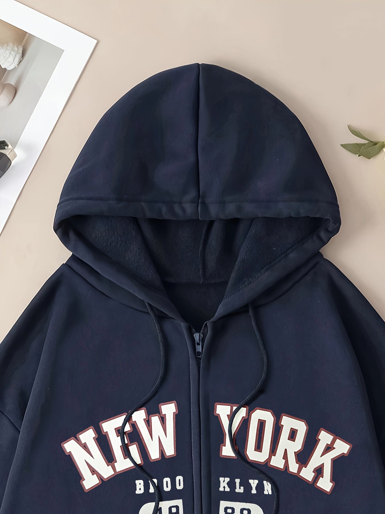 NEW YORK Print Zip-up Drawstring Hoodie, Casual Long Sleeve Slant Pockets Jacket, Women's Clothing