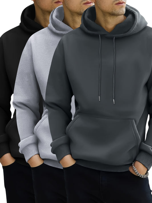 3pcs Men's Hoodies - Solid Color, Drawstring & Kangaroo Pocket | Casual Sportswear for Spring/Fall