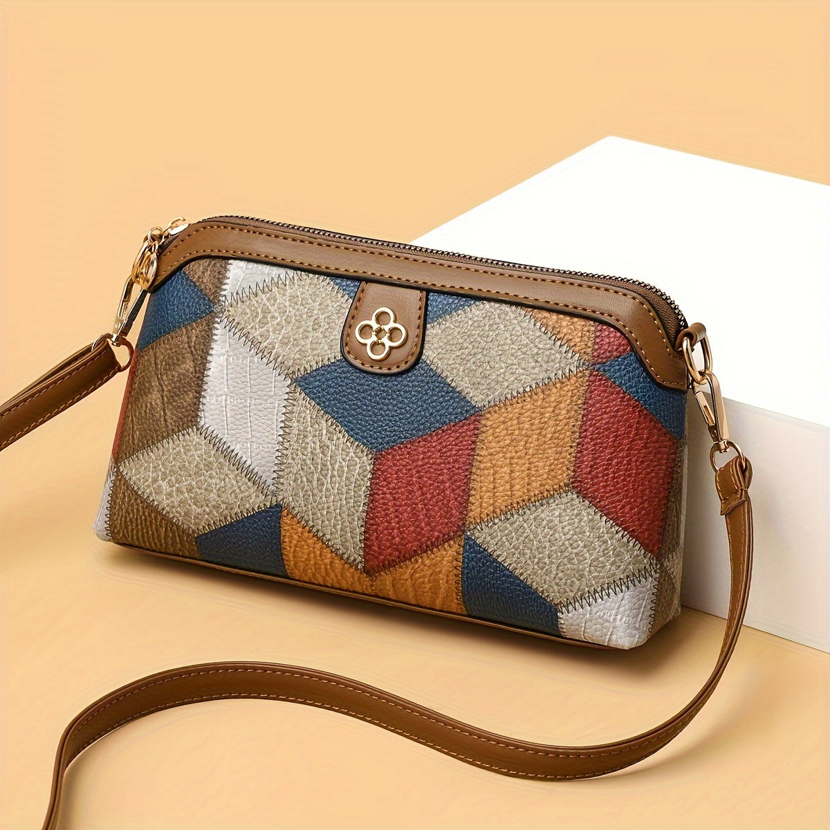 Bohemian-Style Argyle Plaid PU Leather Crossbody Messenger Bag with Polyester Lining and Zipper Closure