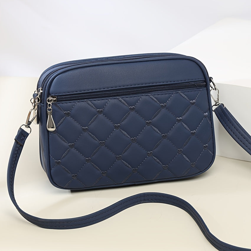 Fashion Quilted Crossbody Bag for Women, Solid Color PU Leather Messenger Shoulder Bag with Adjustable Strap, Lightweight Zippered Handbag with Polyester Lining, Casual Large Capacity Satchel from Guangzhou