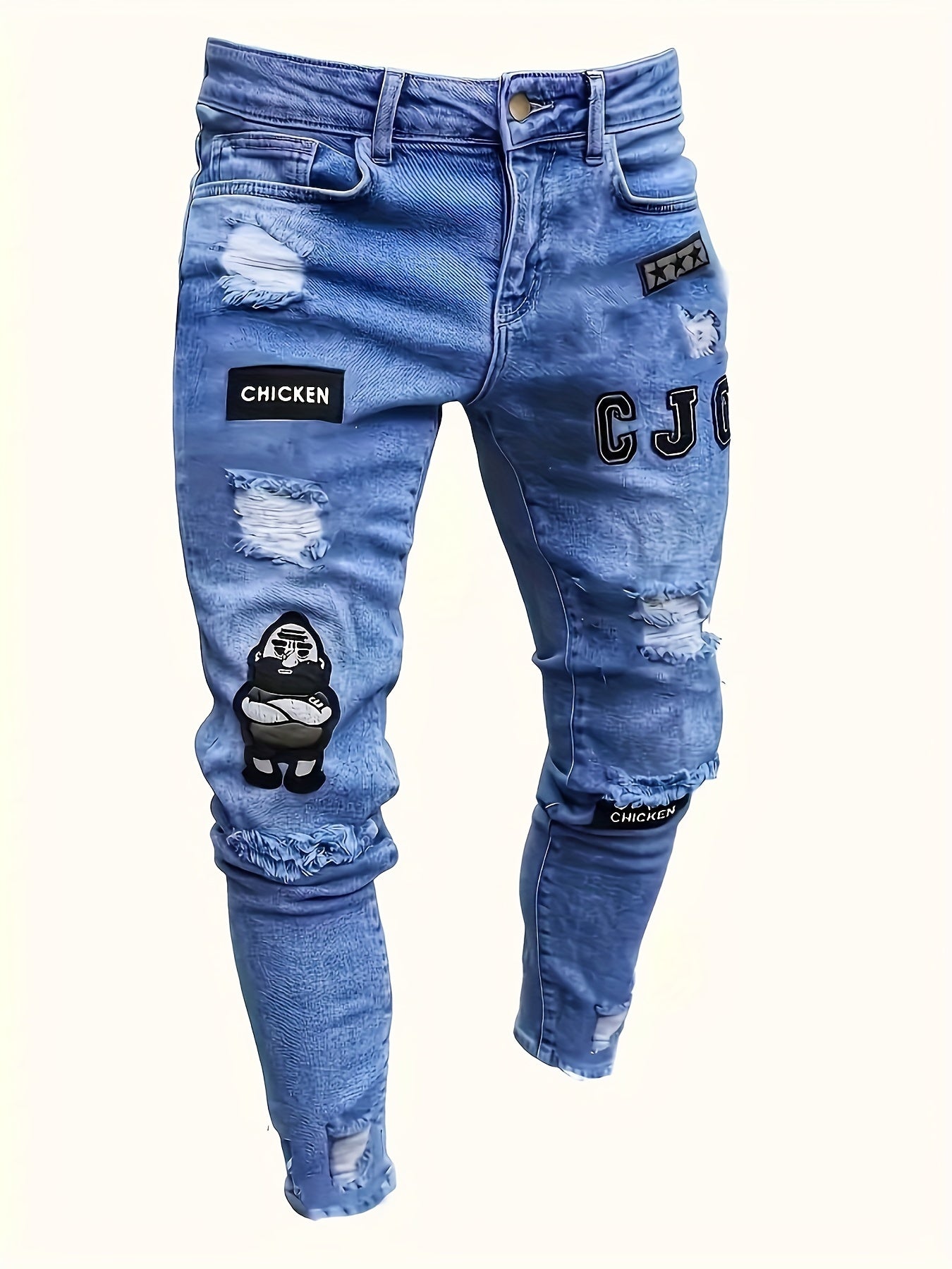 Men's Ripped Skinny Denim Pants With Chicken Letters Print, Outdoor Daily Life, Trend Casual Jeans