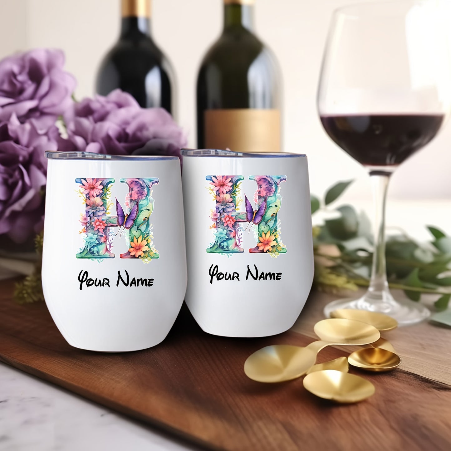 [Customization]1pc 12Oz Letter Egg-Shaped Design Wine Glass, 26 Letter Names Customized Flower Pattern Double-Layer Insulated Stainless Steel Lid Leak-Proof Coffee Cup, Perfect Birthday Gift, Christmas Gift, Mother'S Day Gift for Family And Friends