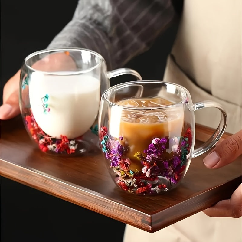 Floral Patterned Double-Walled Glass Mug, High-Borosilicate, Hand-Wash Only, Reusable, Cone-Shaped, BPA-Free, Insulated, for Milk, Coffee, Tea, Home & Kitchen Use, Suitable for Christmas, Halloween, Easter, Hanukkah, Thanksgiving