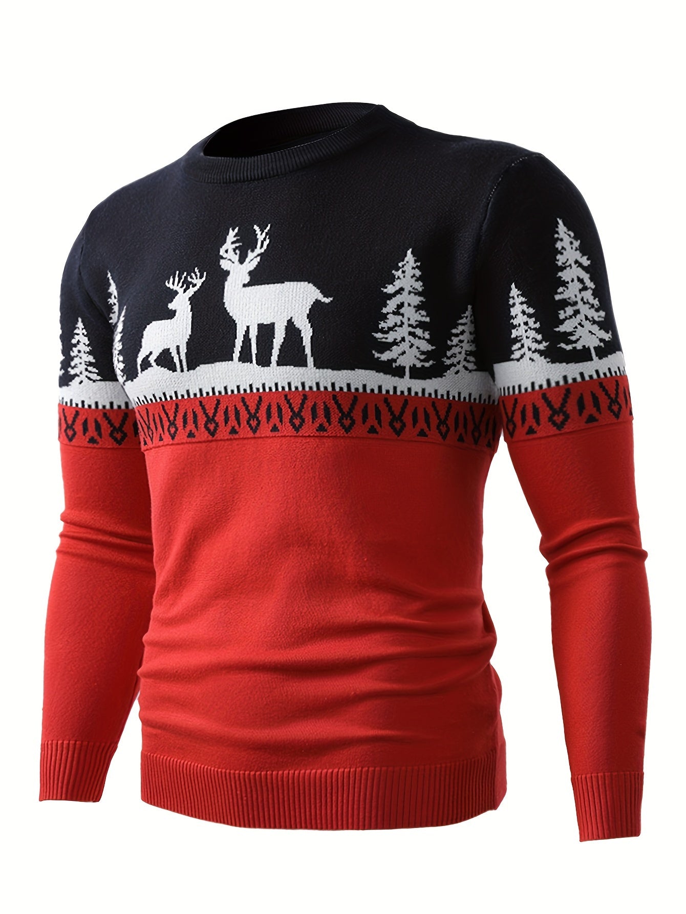 Men's Festive Christmas Reindeer Crew Neck Sweater - Cozy Polyester, Perfect for Holiday Parties & Gifts