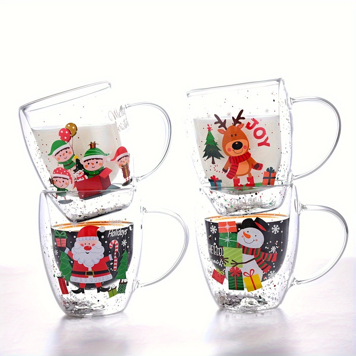 Christmas Glass Coffee Mug Set - 11.83oz, Reusable, Lead-Free, Recyclable, Round, Multipurpose, Machine Washable, Anti-Scald, Heat-Resistant, Dishwasher Safe - Santa, Reindeer, Snowman Designs - Ideal Holiday Gift (1pcs)