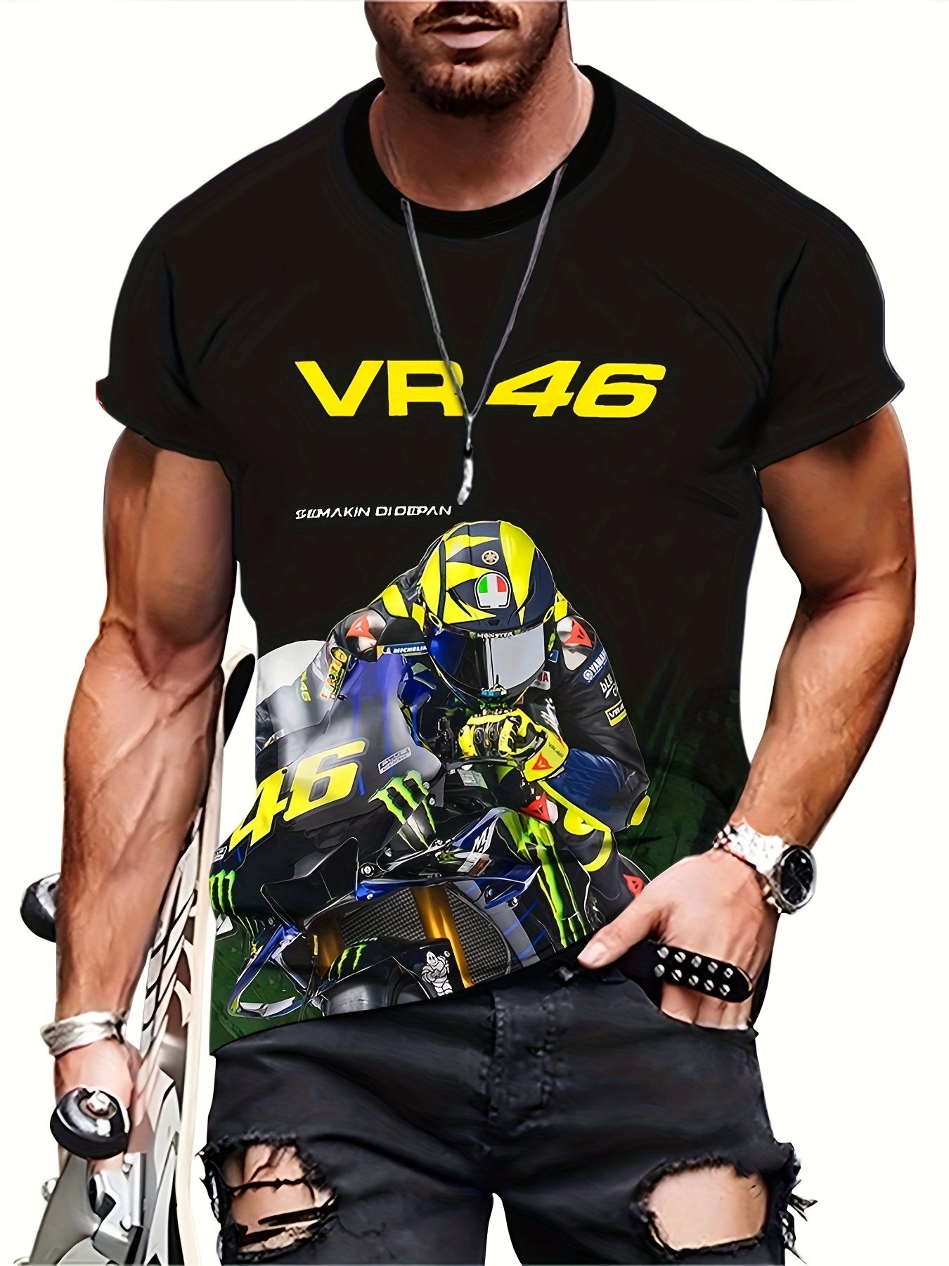 1pc Men's Novelty 3D Digital Print T-Shirt, Casual Round Neck, Regular Fit, Polyester Knit Fabric, Full Body Motorcycle Graphic Tee