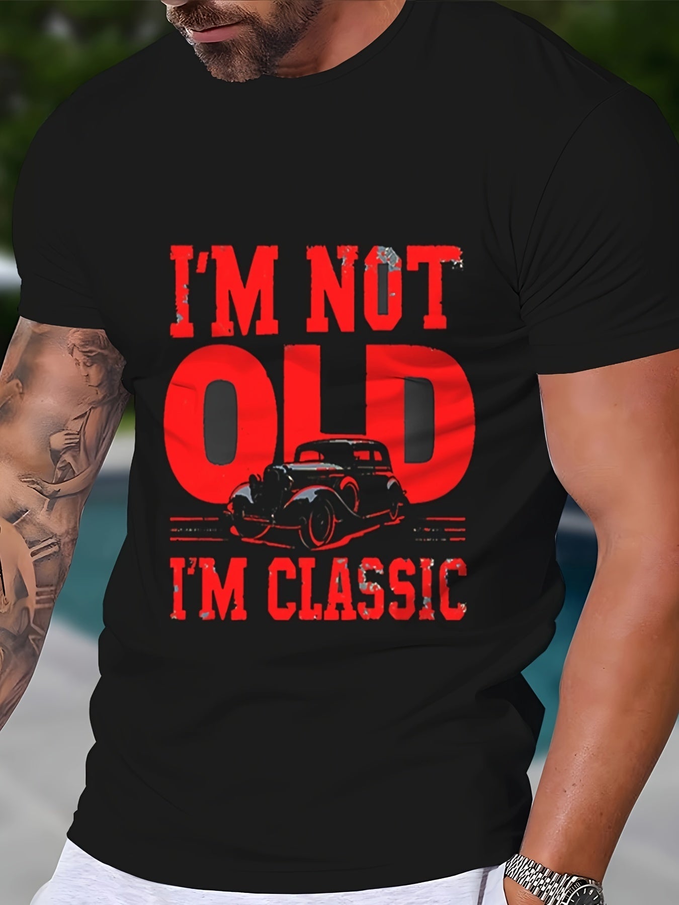 Men's Casual Novelty T-Shirt, Polyester, Geometric Pattern, Regular Fit, Crew Neck, Stretch Fabric, Vintage Car Design, Classic Style Tee