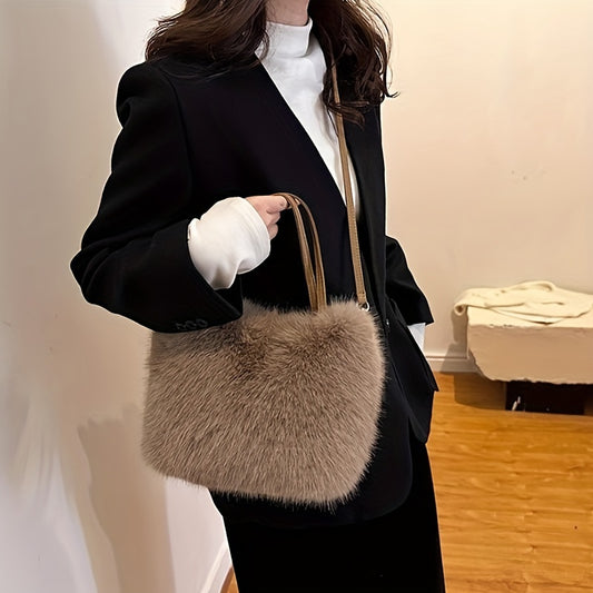 Elegant Top-Handle Fluffy Plush Tote Bag, Imitation Wool Solid Color Minimalist Handbag with Adjustable Strap, Magnetic Closure, Polyester Lining, for Leisure Shopping & Holiday Gifts