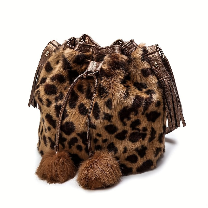 Plush Leopard Pattern Bucket Bag, Trendy Drawstring Crossbody Bag, Luxury Shoulder Purse For Women