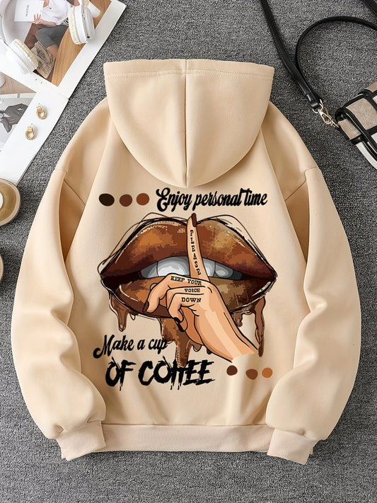 Lips & Letter Print Hoodie, Casual Kangaroo Pocket Long Sleeve Drawstring Hoodies Sweatshirt, Women's Clothing