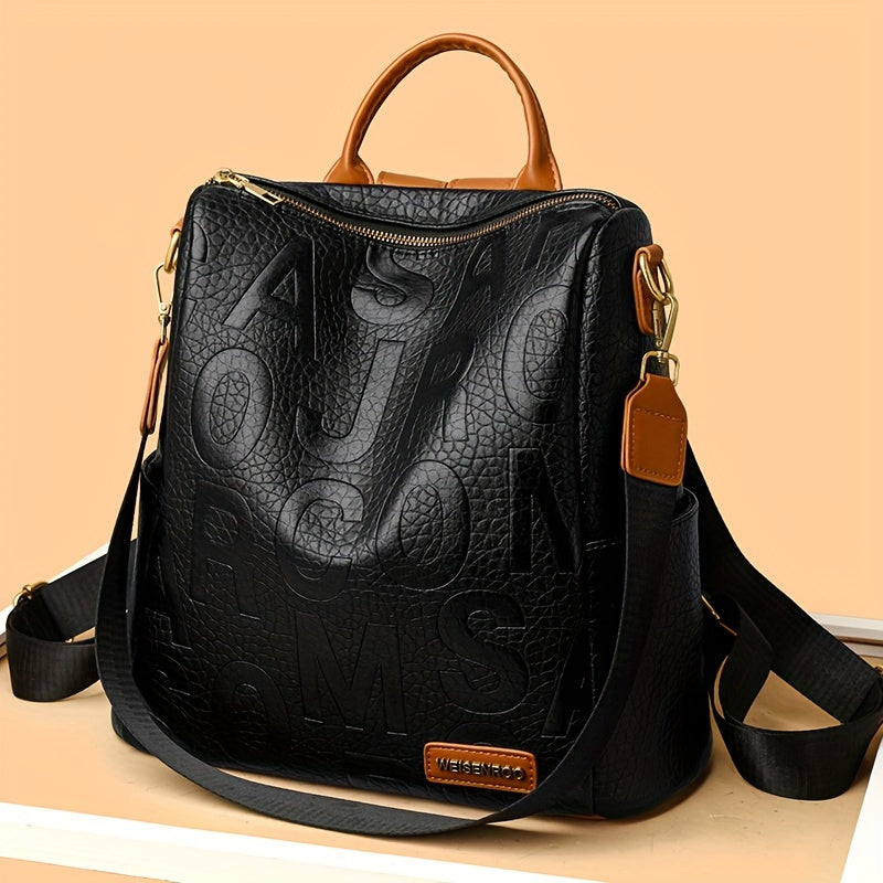 New Black Simple And Practical Multi-pocket Waterproof Letter Backpack, Multi Functional Large Capacity Going Out Travel Commuter Backpack, Autumn And Winter Student Schoolbag, College Student Zipper Backpack