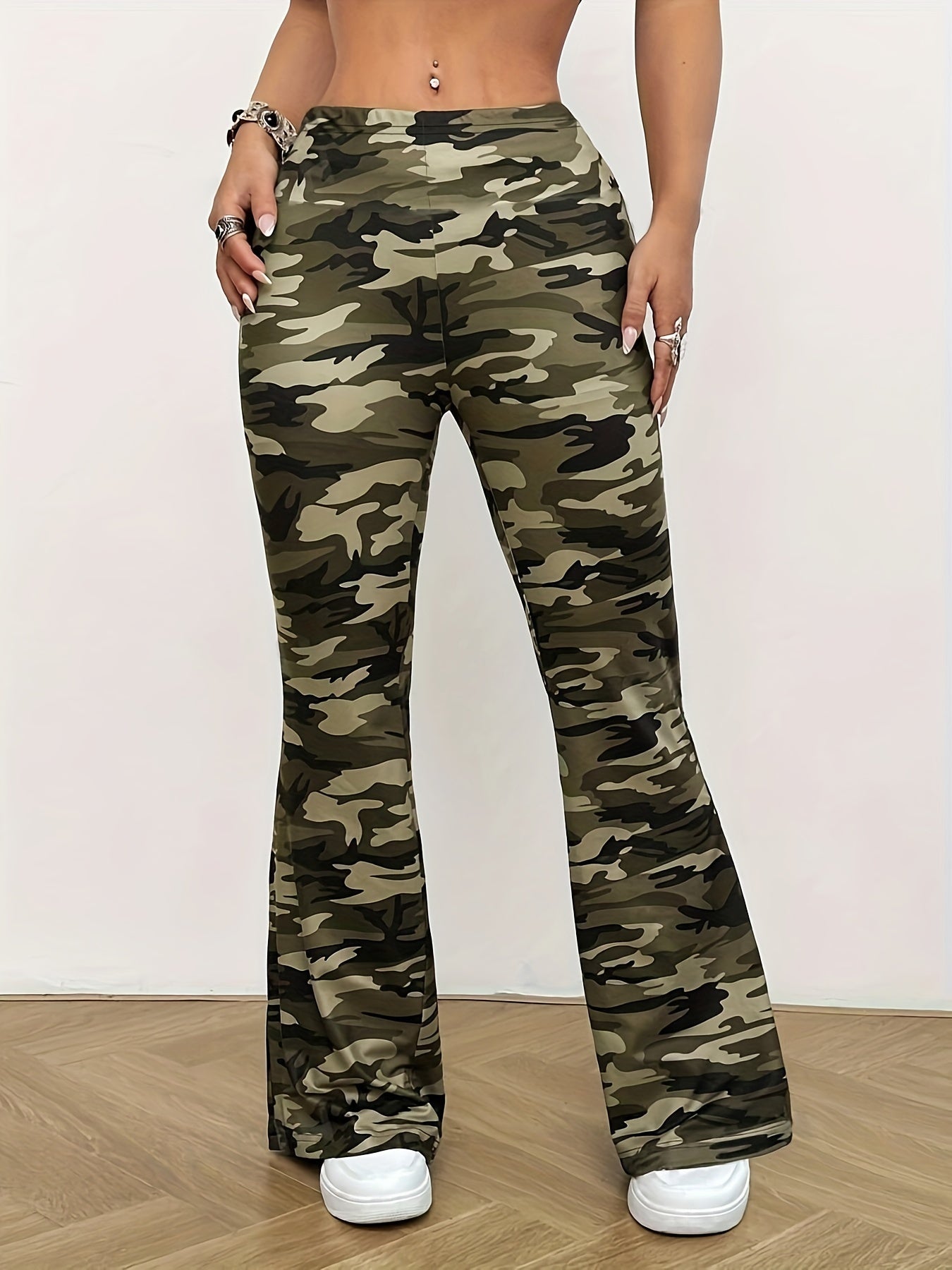 Camouflage Flare Leg Pants, Casual Slim Flare Leg Pants For All-season, Women's Clothing