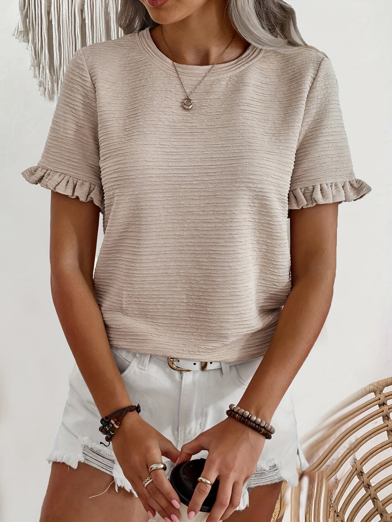 Ruffle Cuff Solid Short Sleeve T-shirt, Casual Crew Neck Top For Spring & Summer, Women's Clothing